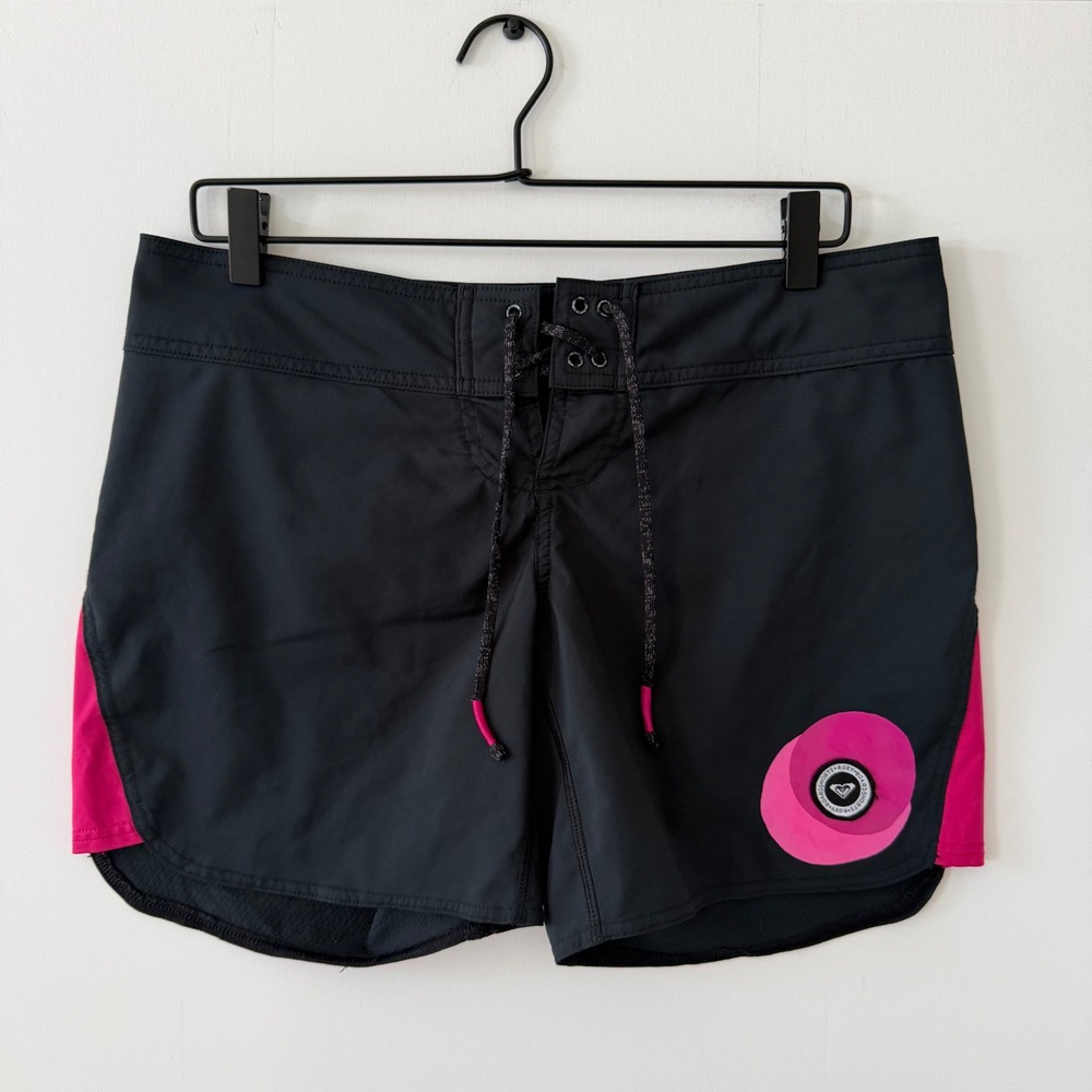 Roxy Womens Black Pink Board Shorts Size 7 Lace Up Swim Surf Trunks